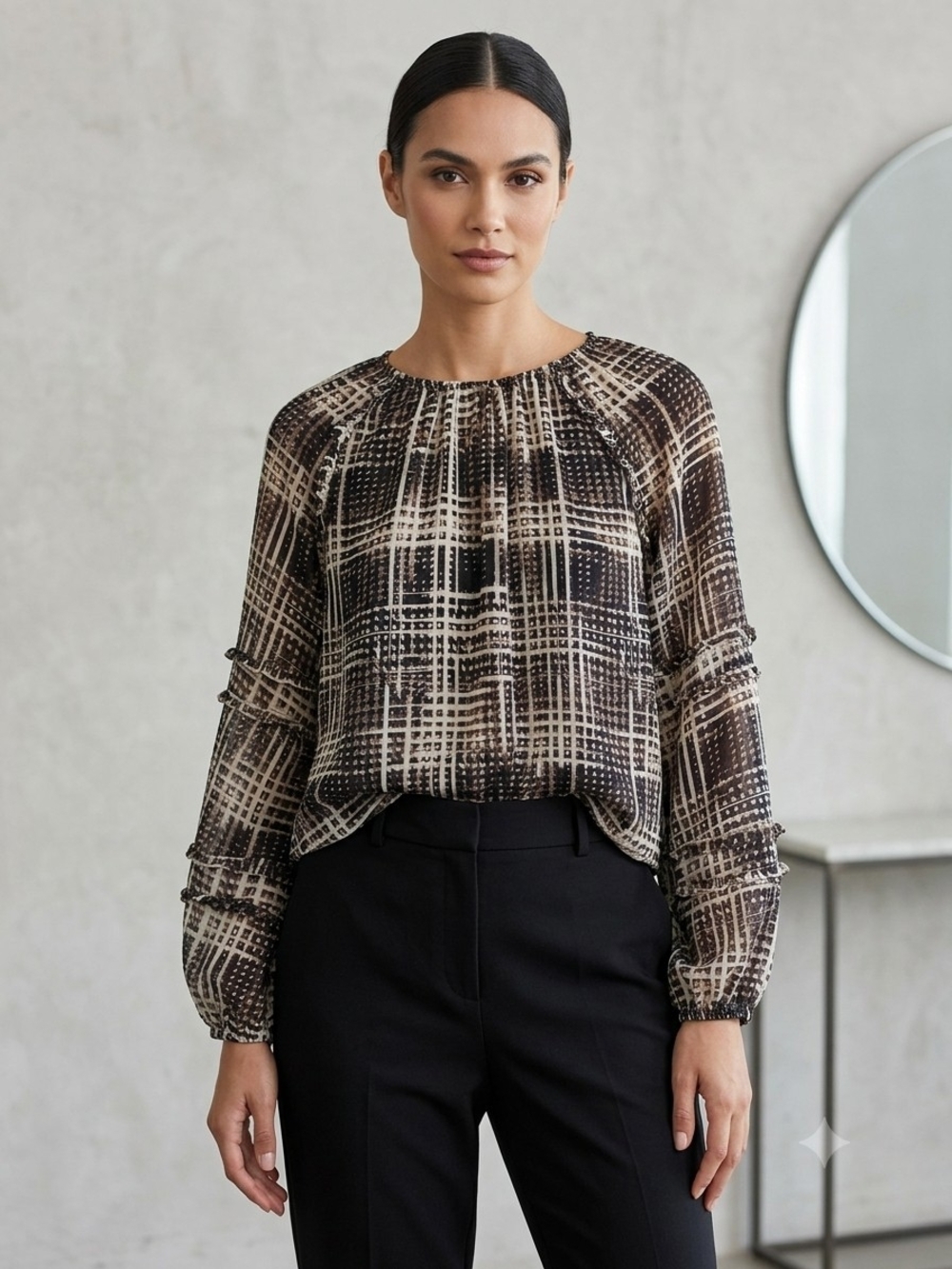 Evereve Abstract Plaid Ruffle Accent Blouse - Size S